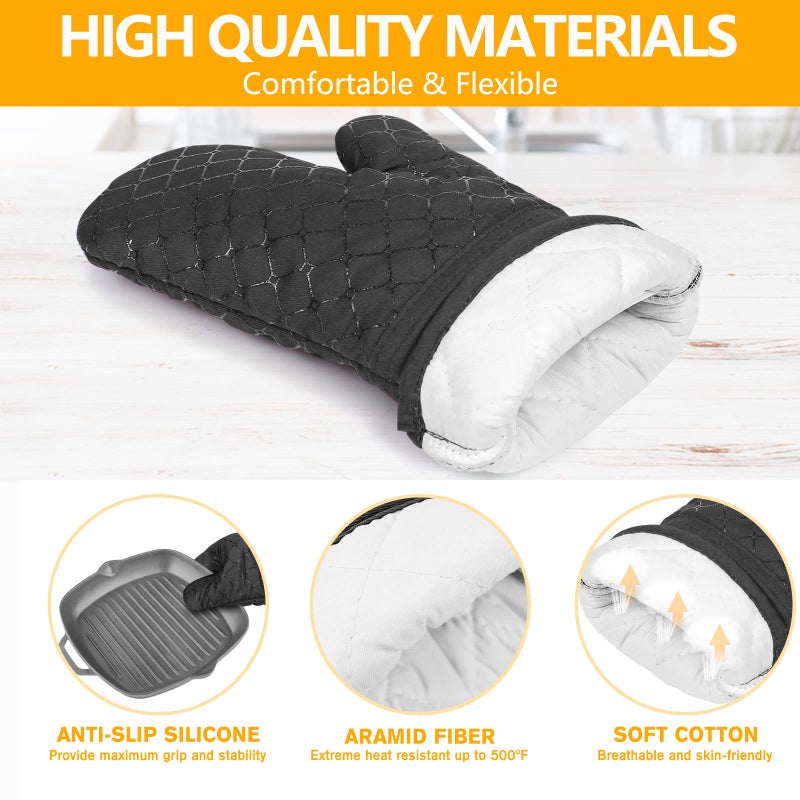 Wsedor 6 Pcs Oven Mitts and Pot Holders, 500â„‰ Heat Resistant Oven Mitts with Kitchen Towels Soft Cotton Lining and Non-Slip Silicone Surface Safe for Baking, Cooking, BBQ (Black) - Image 3